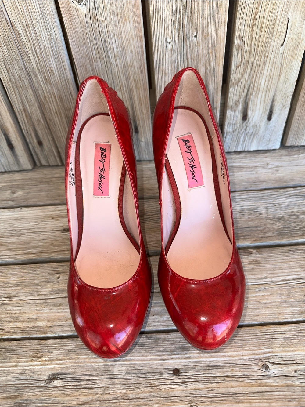 Betsey Johnson Dita Red Corset Leather Patent Round-Toe Heels